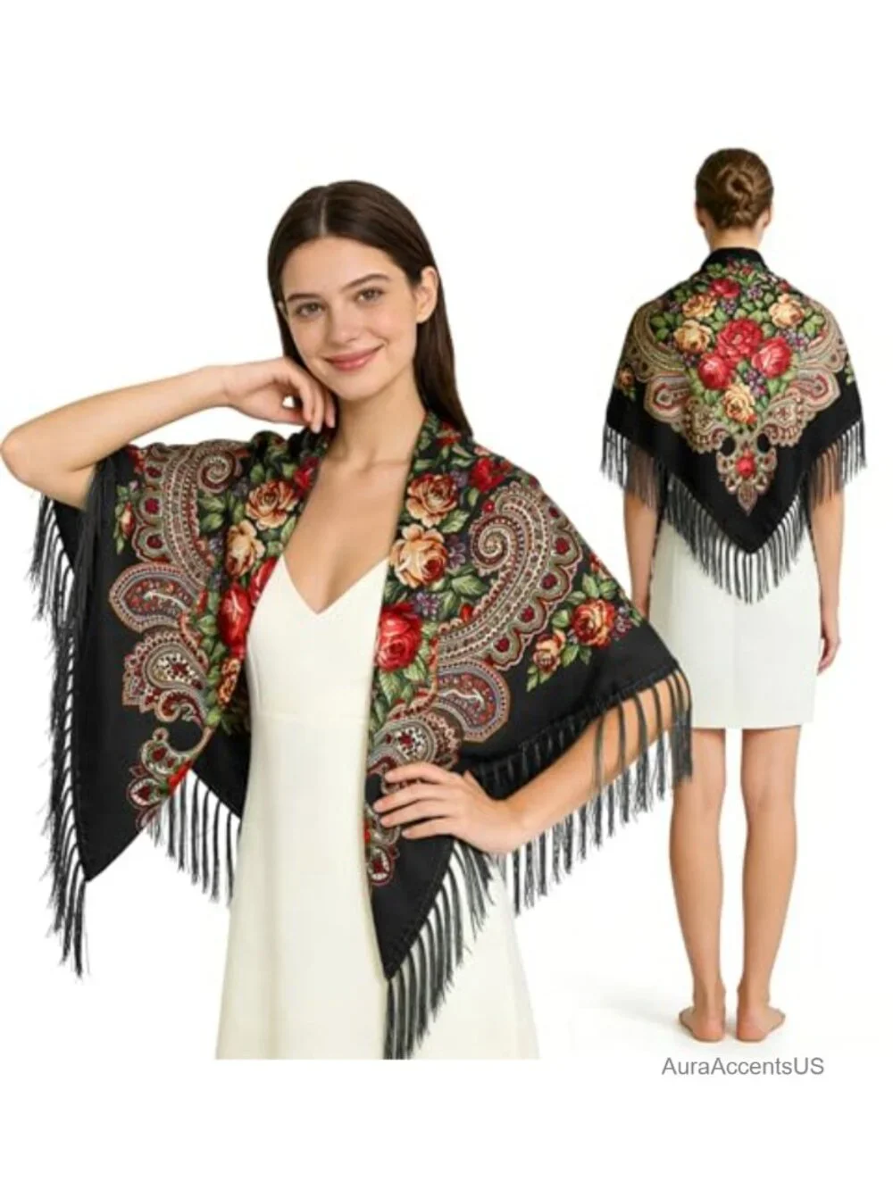 Traditional Folk Scarf Shawl Wrap with Tassel Fringe Lightweight Cotton Blend
